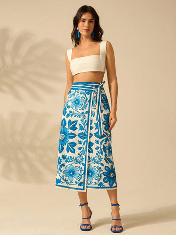 CAJUNI Women's Vacation Beach Casual Summer Boho Tropical Plants Blue And White Prints Wrap Lace Up Skirt