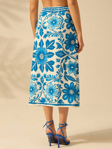 CAJUNI Women's Vacation Beach Casual Summer Boho Tropical Plants Blue And White Prints Wrap Lace Up Skirt