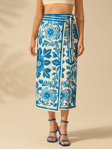 CAJUNI Women's Vacation Beach Casual Summer Boho Tropical Plants Blue And White Prints Wrap Lace Up Skirt