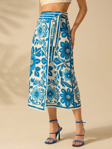 CAJUNI Women's Vacation Beach Casual Summer Boho Tropical Plants Blue And White Prints Wrap Lace Up Skirt