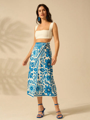 CAJUNI Women's Vacation Beach Casual Summer Boho Tropical Plants Blue And White Prints Wrap Lace Up Skirt