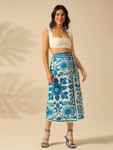 CAJUNI Women's Vacation Beach Casual Summer Boho Tropical Plants Blue And White Prints Wrap Lace Up Skirt