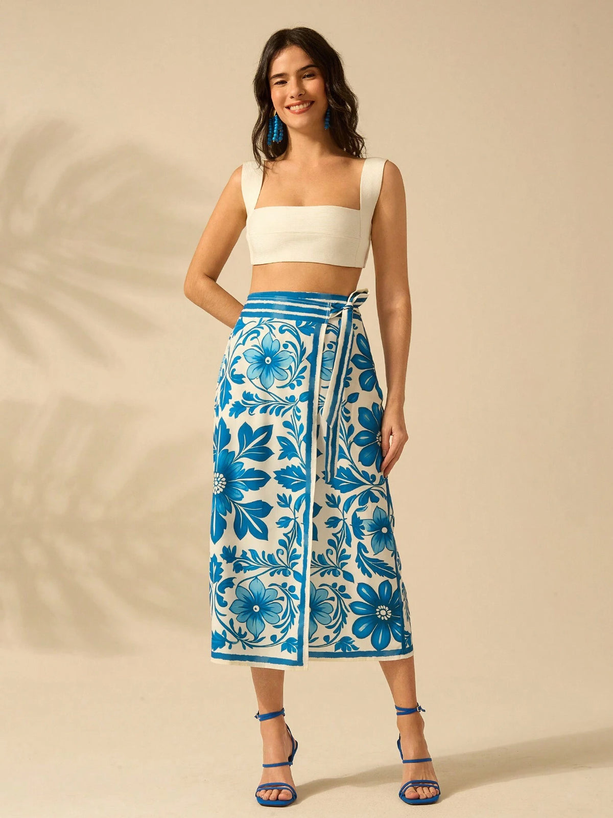 CAJUNI Women's Vacation Beach Casual Summer Boho Tropical Plants Blue And White Prints Wrap Lace Up Skirt