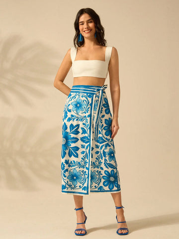 CAJUNI Women's Vacation Beach Casual Summer Boho Tropical Plants Blue And White Prints Wrap Lace Up Skirt