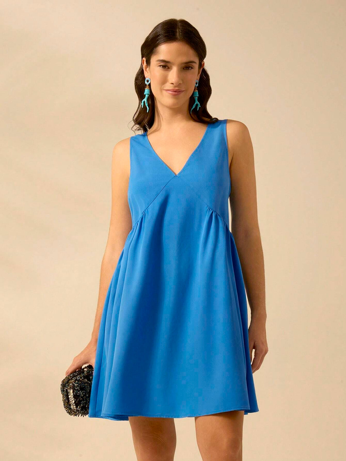 CAJUNI Women's Vacation Casual Beach Summer Blue Deep V Neck Flared Dress