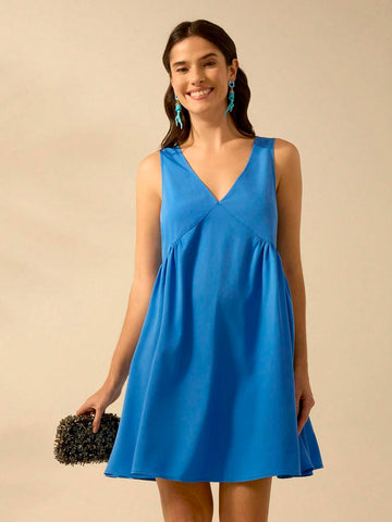 CAJUNI Women's Vacation Casual Beach Summer Blue Deep V Neck Flared Dress