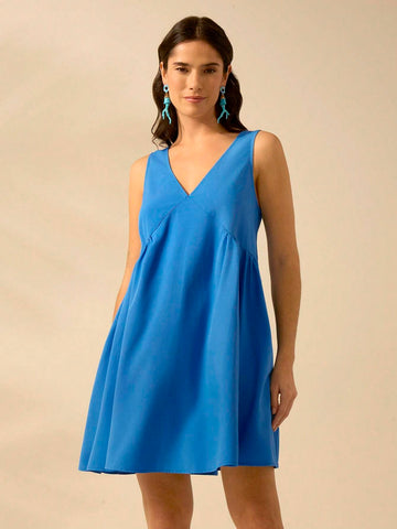 CAJUNI Women's Vacation Casual Beach Summer Blue Deep V Neck Flared Dress
