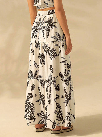 CAJUNI Women's Vacation Casual Beach Tropical Coconut Tree And Leopard Prints Summer Maxi Skirt
