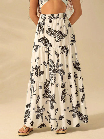 CAJUNI Women's Vacation Casual Beach Tropical Coconut Tree And Leopard Prints Summer Maxi Skirt