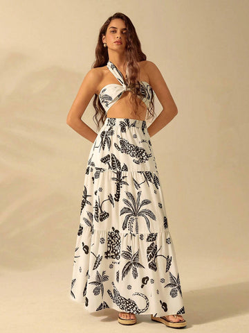 CAJUNI Women's Vacation Casual Beach Tropical Coconut Tree And Leopard Prints Summer Maxi Skirt