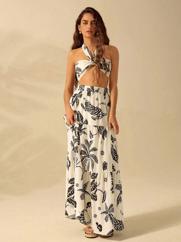 CAJUNI Women's Vacation Casual Beach Tropical Coconut Tree And Leopard Prints Summer Maxi Skirt