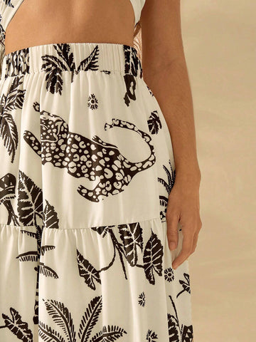 CAJUNI Women's Vacation Casual Beach Tropical Coconut Tree And Leopard Prints Summer Maxi Skirt