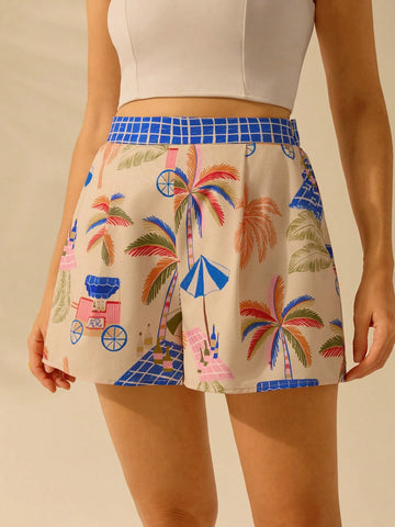 CAJUNI Women's Vacation Casual Summer Beach Boho Colorful Printed Wide Leg Ultra-Short Shor
