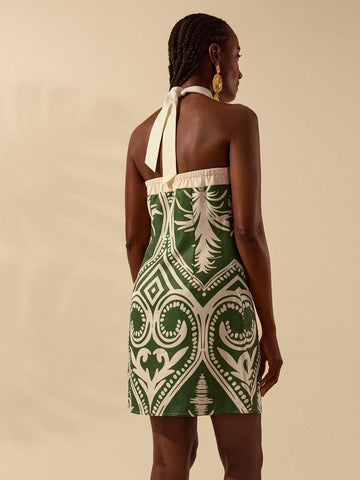 CAJUNI Women's Vacation Casual Summer Boho Green & Apricot Tropical Print Criss-Cross Halter Neck Short Dress