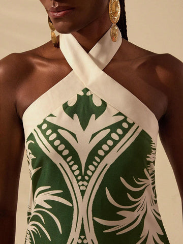 CAJUNI Women's Vacation Casual Summer Boho Green & Apricot Tropical Print Criss-Cross Halter Neck Short Dress