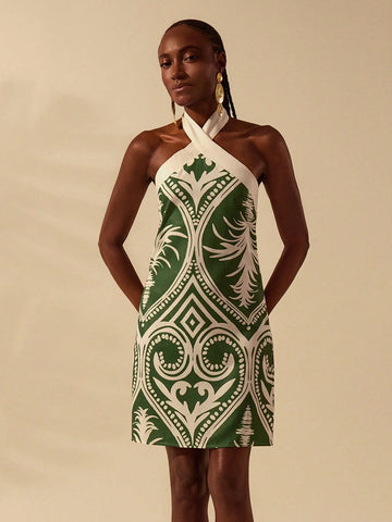 CAJUNI Women's Vacation Casual Summer Boho Green & Apricot Tropical Print Criss-Cross Halter Neck Short Dress