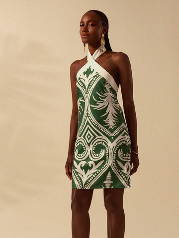 CAJUNI Women's Vacation Casual Summer Boho Green & Apricot Tropical Print Criss-Cross Halter Neck Short Dress