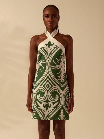 CAJUNI Women's Vacation Casual Summer Boho Green & Apricot Tropical Print Criss-Cross Halter Neck Short Dress