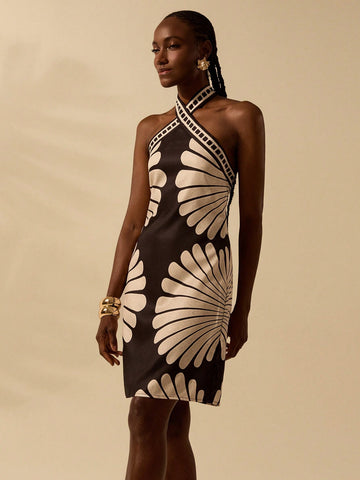 CAJUNI Women's Vacation Casual Summer Boho Shell Textured Black & Apricot Tropical Print, Cross-Tied Halter Short Dress