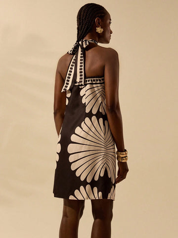 CAJUNI Women's Vacation Casual Summer Boho Shell Textured Black & Apricot Tropical Print, Cross-Tied Halter Short Dress