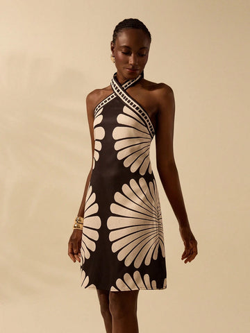 CAJUNI Women's Vacation Casual Summer Boho Shell Textured Black & Apricot Tropical Print, Cross-Tied Halter Short Dress