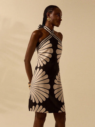 CAJUNI Women's Vacation Casual Summer Boho Shell Textured Black & Apricot Tropical Print, Cross-Tied Halter Short Dress