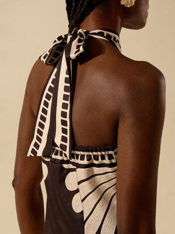 CAJUNI Women's Vacation Casual Summer Boho Shell Textured Black & Apricot Tropical Print, Cross-Tied Halter Short Dress