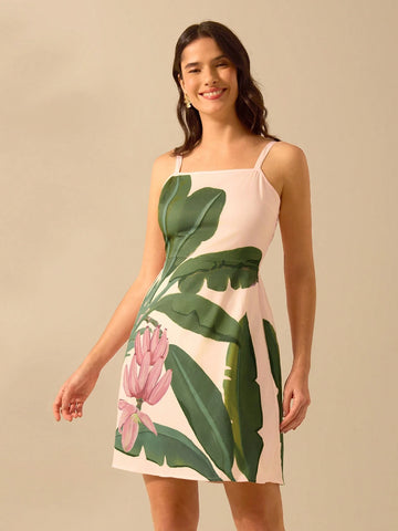 Women's Vacation Casual Summer Boho Tropical Banana Tree Plant, Pink Halters Short Dress