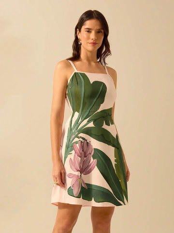 Women's Vacation Casual Summer Boho Tropical Banana Tree Plant, Pink Halters Short Dress