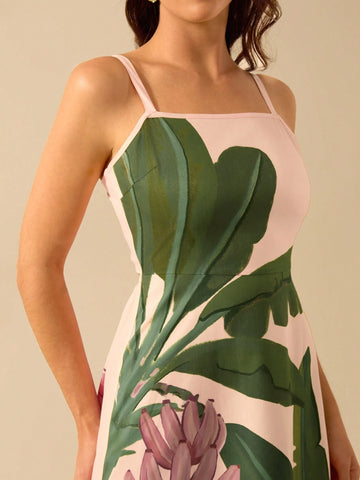 Women's Vacation Casual Summer Boho Tropical Banana Tree Plant, Pink Halters Short Dress