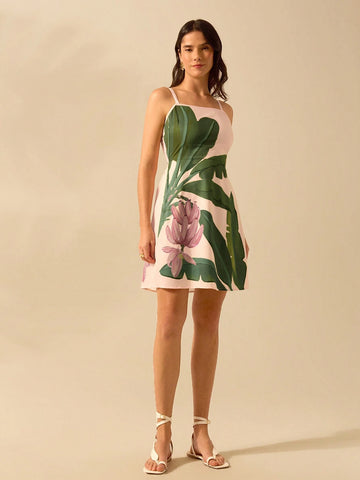 Women's Vacation Casual Summer Boho Tropical Banana Tree Plant, Pink Halters Short Dress