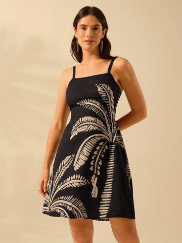 CAJUNI Women's Vacation Casual Summer Boho Tropical Coconut Tree Print Black Halters Short Dress