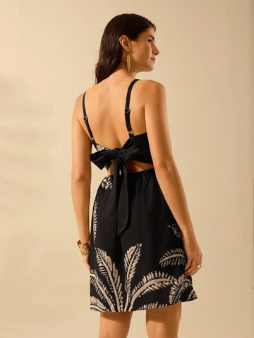 CAJUNI Women's Vacation Casual Summer Boho Tropical Coconut Tree Print Black Halters Short Dress