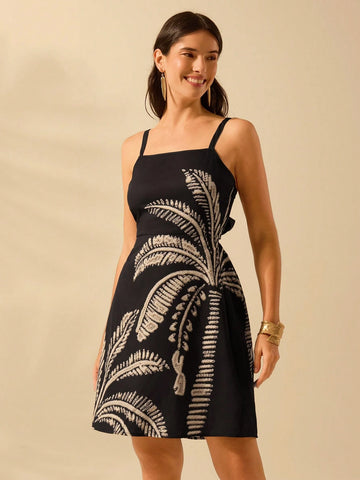 CAJUNI Women's Vacation Casual Summer Boho Tropical Coconut Tree Print Black Halters Short Dress