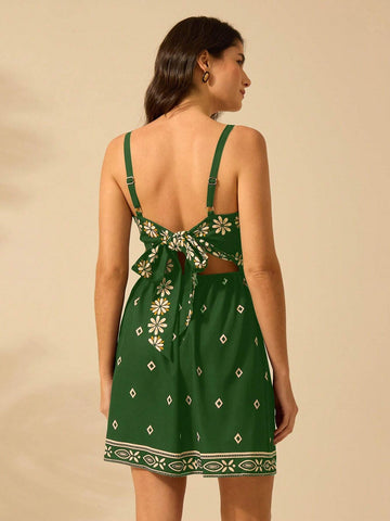 CAJUNI Women's Vacation Casual Summer Boho Tropical Plant, Azalea, Sunflower Print Black Halters Short Dress