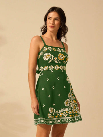 CAJUNI Women's Vacation Casual Summer Boho Tropical Plant, Azalea, Sunflower Print Black Halters Short Dress