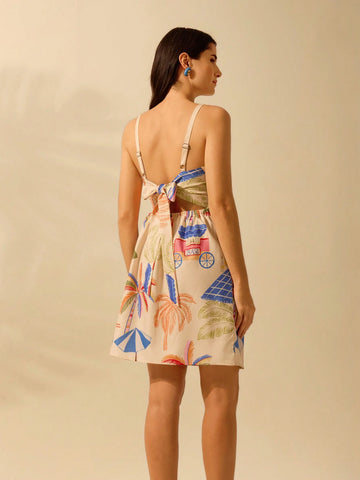 CAJUNI Women's Vacation Casual Summer Boho Tropical Print Cami Short Dress