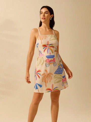 CAJUNI Women's Vacation Casual Summer Boho Tropical Print Cami Short Dress