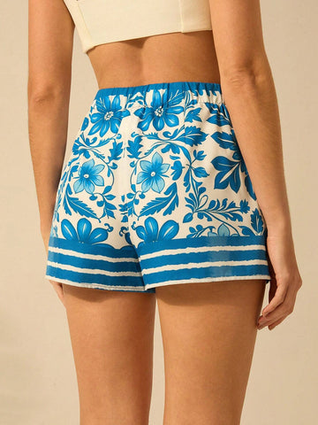 CAJUNI Women's Wide Legs Tropical Sunflower Blue And White Print Boho Vacation Casual Summer Shorts