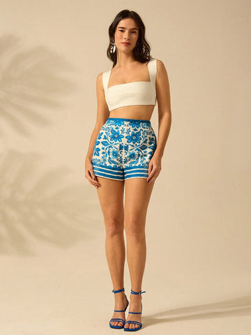 CAJUNI Women's Wide Legs Tropical Sunflower Blue And White Print Boho Vacation Casual Summer Shorts