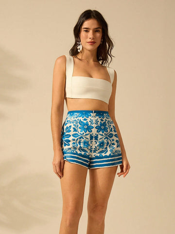 CAJUNI Women's Wide Legs Tropical Sunflower Blue And White Print Boho Vacation Casual Summer Shorts