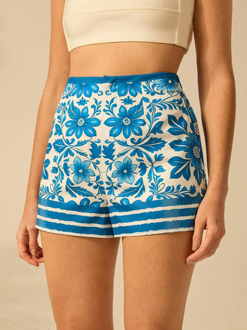 CAJUNI Women's Wide Legs Tropical Sunflower Blue And White Print Boho Vacation Casual Summer Shorts