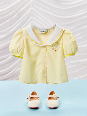 Young Girls Light Yellow Plaid College Style Baby Doll Collar Puff Sleeve Loose Summer Blouses