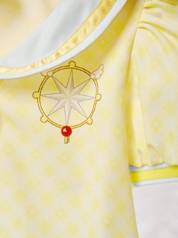 Young Girls Light Yellow Plaid College Style Baby Doll Collar Puff Sleeve Loose Summer Blouses