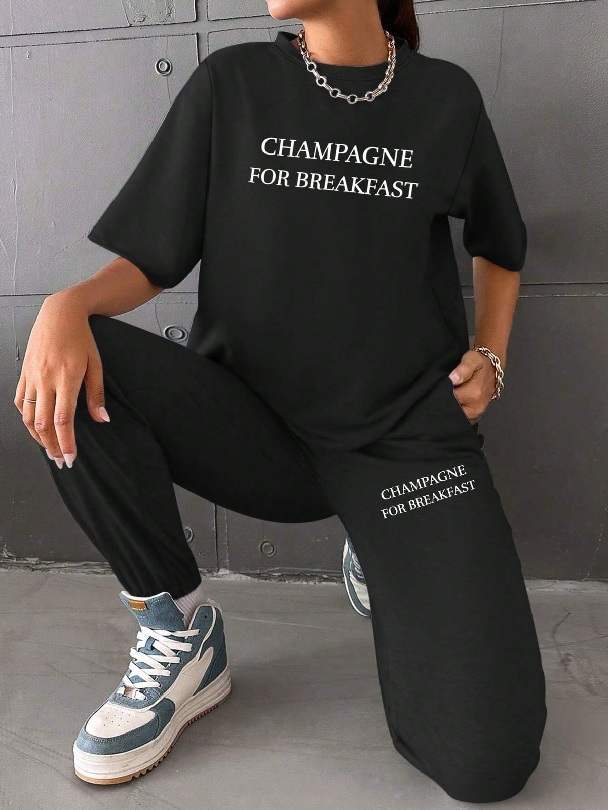 CHAMPAGNE FOR BREAKFAST Printed Women's Casual Solid Color Drop Shoulder Short Sleeve T-Shirt Trousers Set Summer