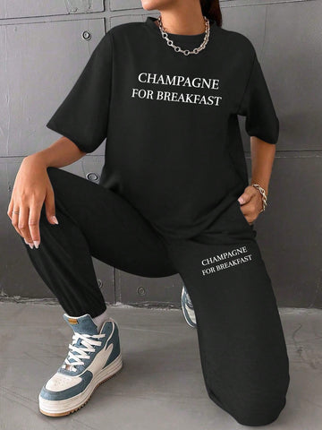 CHAMPAGNE FOR BREAKFAST Printed Women's Casual Solid Color Drop Shoulder Short Sleeve T-Shirt Trousers Set Summer