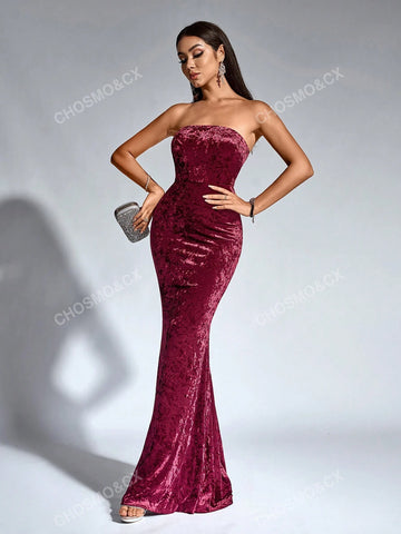 CHOSMO CHOSMO Tube Top Rear Zip Up Red Maxi Skirt Backless Tail Dragging Pendulum Velvet Dresses Elegant Romantic Wedding Bridesmaid Dress