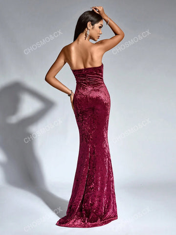 CHOSMO CHOSMO Tube Top Rear Zip Up Red Maxi Skirt Backless Tail Dragging Pendulum Velvet Dresses Elegant Romantic Wedding Bridesmaid Dress