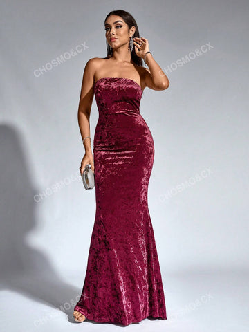 CHOSMO CHOSMO Tube Top Rear Zip Up Red Maxi Skirt Backless Tail Dragging Pendulum Velvet Dresses Elegant Romantic Wedding Bridesmaid Dress