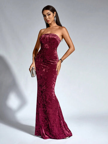 CHOSMO CHOSMO Tube Top Rear Zip Up Red Maxi Skirt Backless Tail Dragging Pendulum Velvet Dresses Elegant Romantic Wedding Bridesmaid Dress